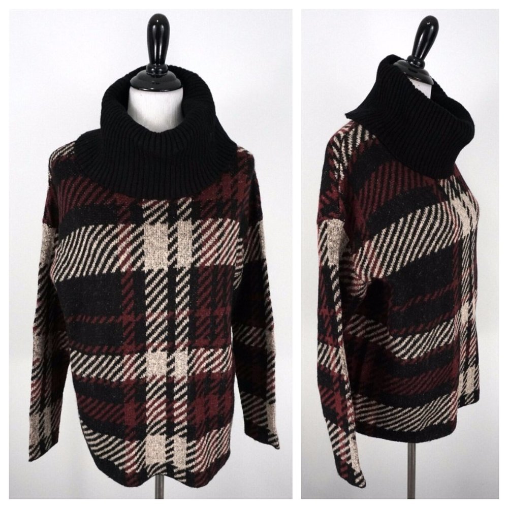 Joseph A Red Black White Plaid Cowl Neck Turtleneck Knit Sweater Size Medium